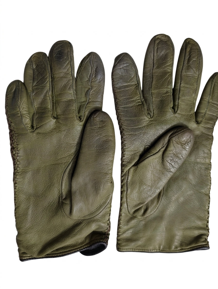 Vintage Military Issue Leather Gloves Olive Green - Image 1