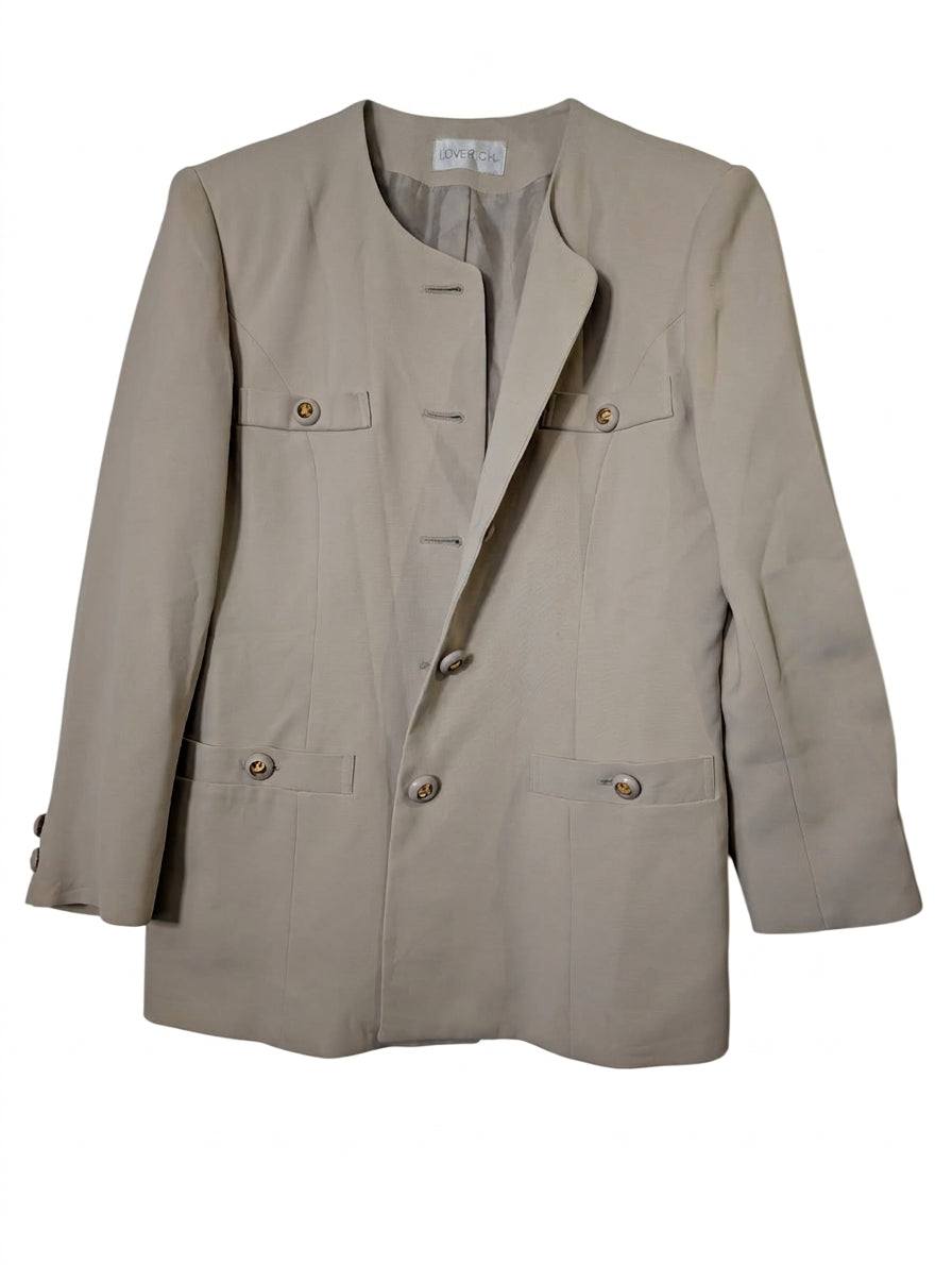 Loverich Vintage Collarless Blazer Jacket Beige Gold Button Detail - Image 1