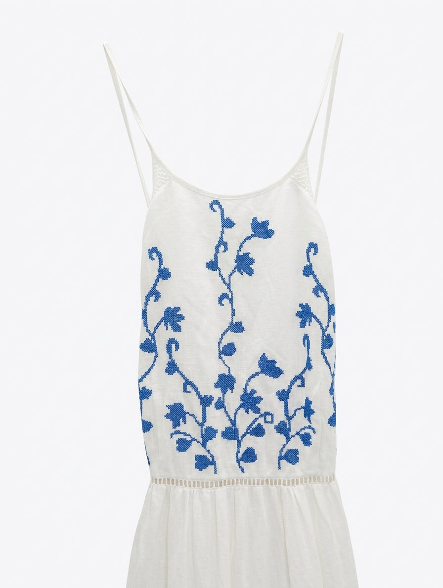 Zara Woman Embroidered Linen Blend Sundress White & Blue Floral Size S - Image 1