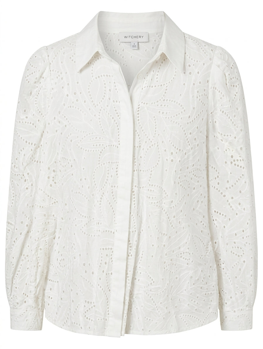 Witchery Broderie Anglaise Button-Down Shirt White Women's Size 8 - Image 1