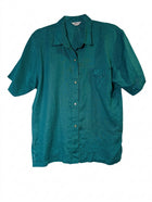Grey Linen Short Sleeve Button-Up Shirt Teal Embroidered Pocket - Image 1