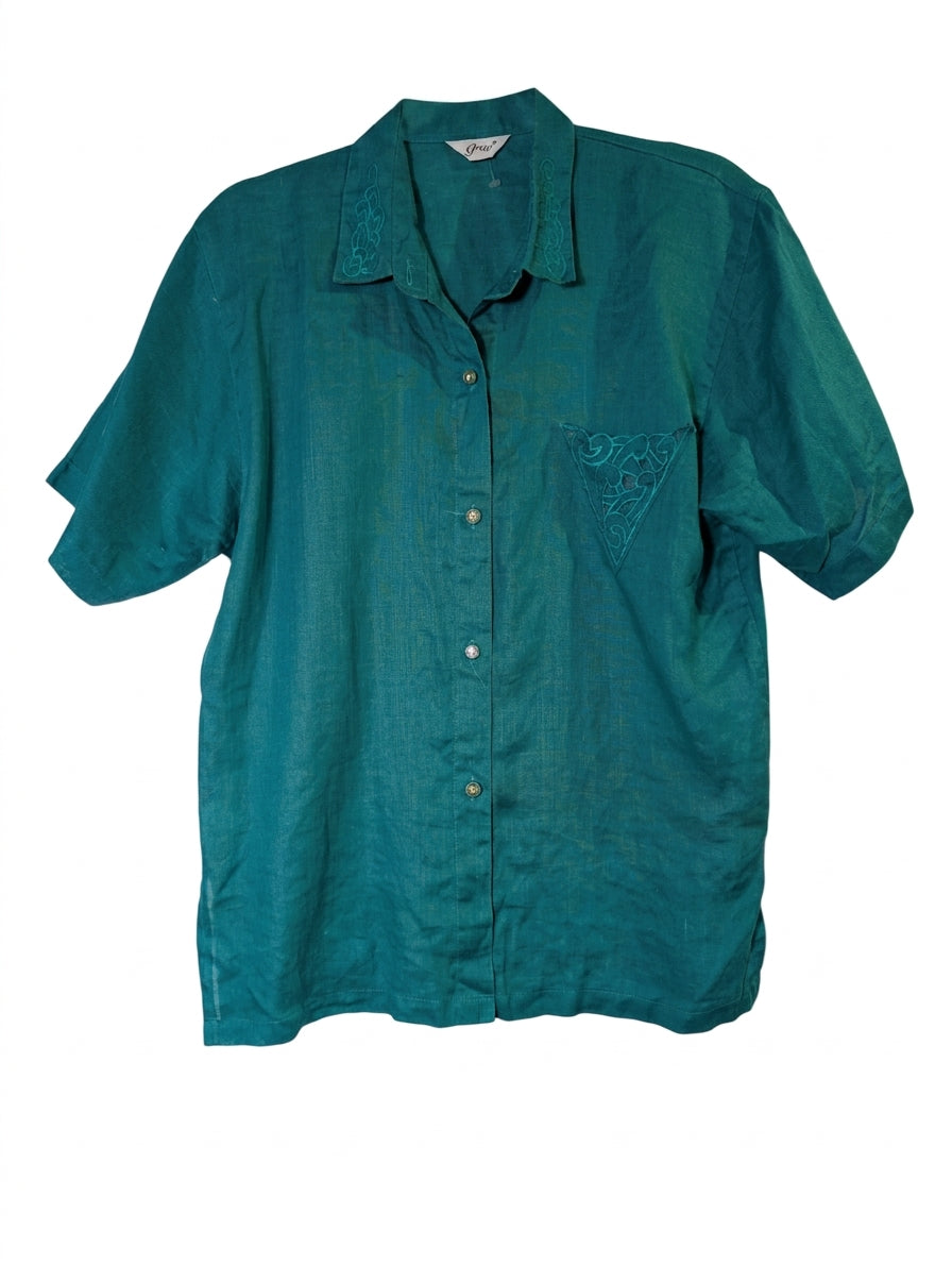 Grey Linen Short Sleeve Button-Up Shirt Teal Embroidered Pocket - Image 1
