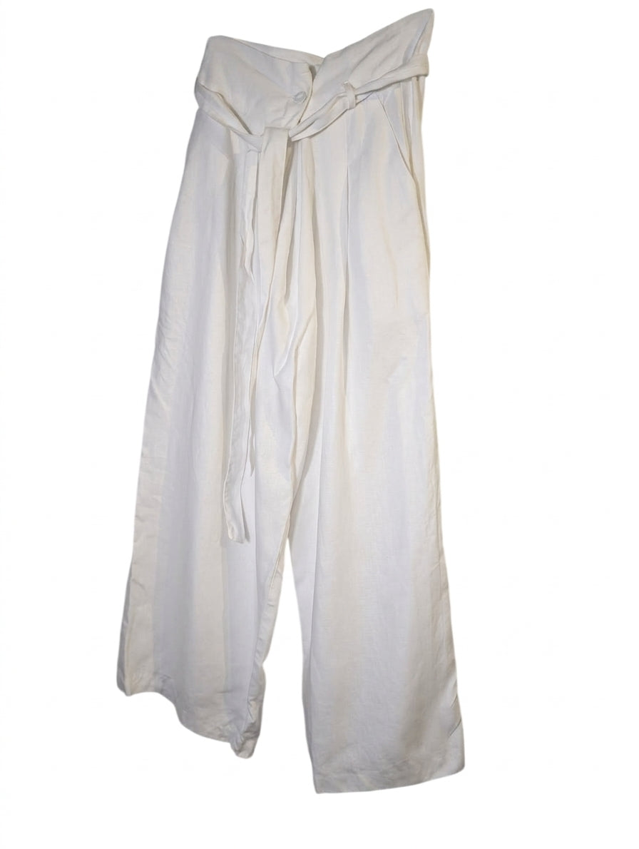 Unbranded Linen Blend Wide Leg Tie-Waist Trousers White - Image 1