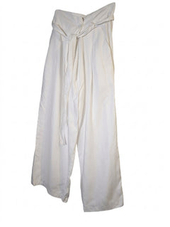 Unbranded Linen Blend Wide Leg Tie-Waist Trousers White - Image 1