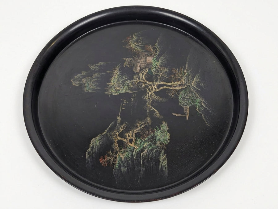 Vintage Asian Serving Tray Black Lacquerware Hand-Painted Landscape - Image 1