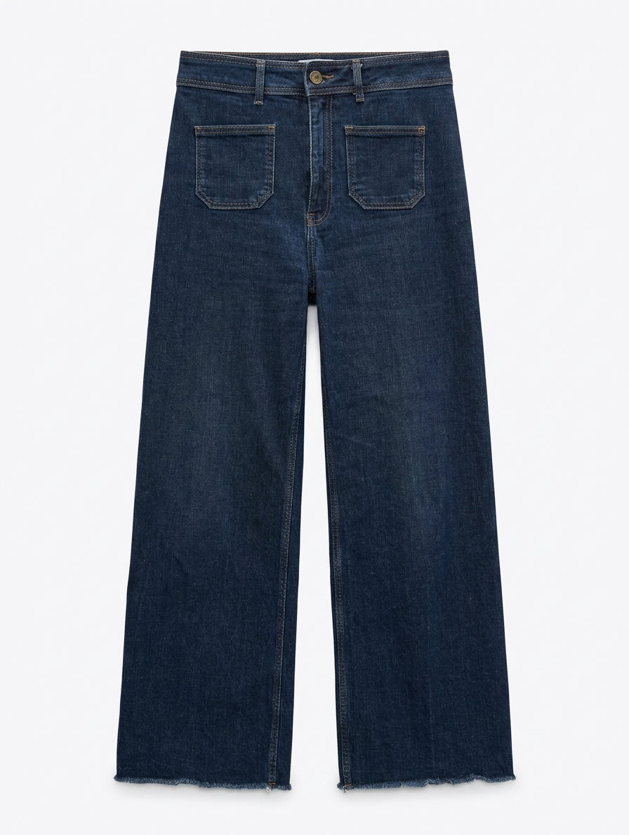 Zara High-Rise Wide-Leg Jeans Dark Wash Patch Pocket Raw Hem EUR 40