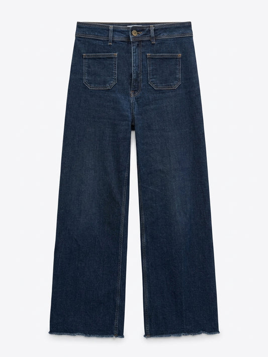 Zara High-Rise Wide-Leg Jeans Dark Wash Patch Pocket Raw Hem EUR 40 - Image 1