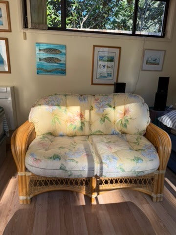 Vintage Rattan Wicker Loveseat Floral Cushions - Image 7