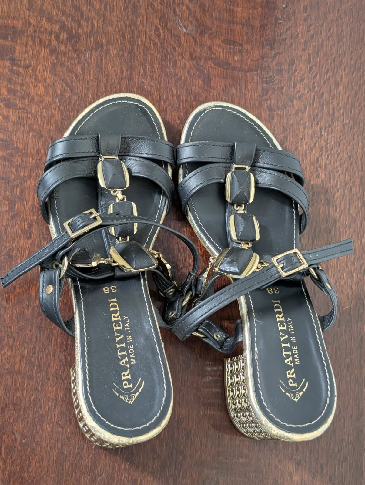 Prativerdi Leather Block Heel Sandals Black Gold EU 38 - Image 4