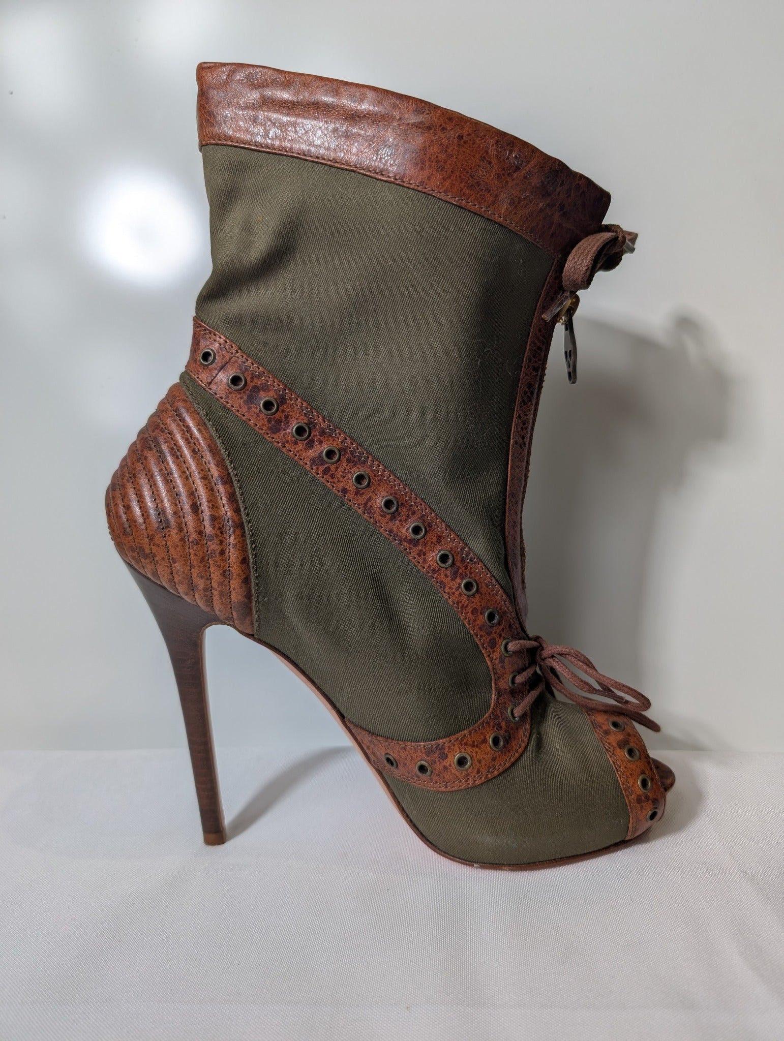 Alexander McQueen Canvas & Leather Peep-Toe Ankle Boots Khaki Brown Size 38 - Image 6
