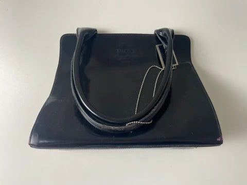 DKNY Black Patent Leather Structured Trapezoid Handbag - Image 3