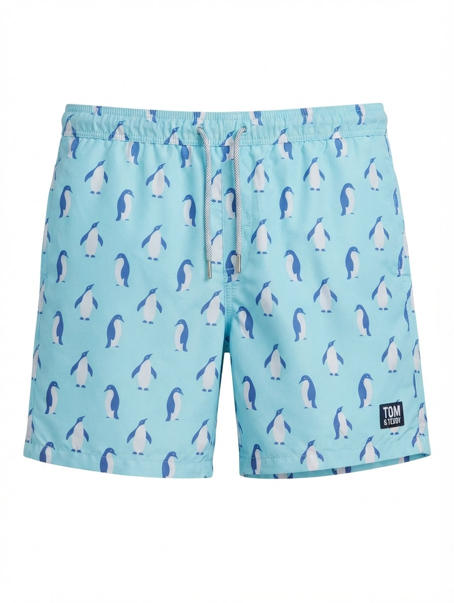 Tom & Teddy Penguin Print Swim Trunks Light Blue Size S - Image 1