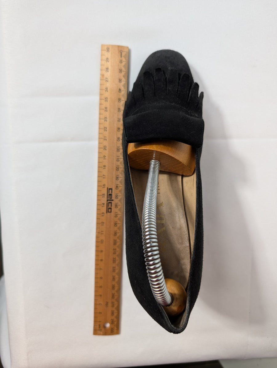 Prada Suede Fringed Kiltie Heeled Loafers Black EU 37 - Image 7