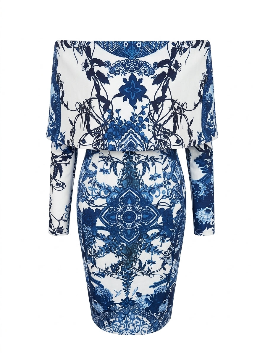 ASOS Off-the-Shoulder Midi Dress Blue White Patterned - Image 1