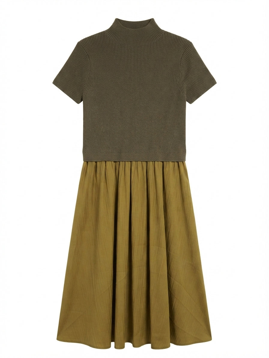 Anthropologie Ribbed Knit Mock Neck Combo Dress Olive and Mustard Women's Size L - Image 1