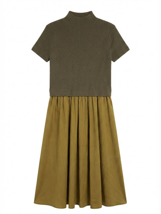Anthropologie Ribbed Knit Mock Neck Combo Dress Olive and Mustard Women's Size L - Image 1