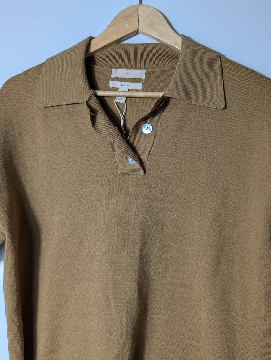 H&M Silk Blend Knit Polo Shirt Tan Women's XS - Image 8