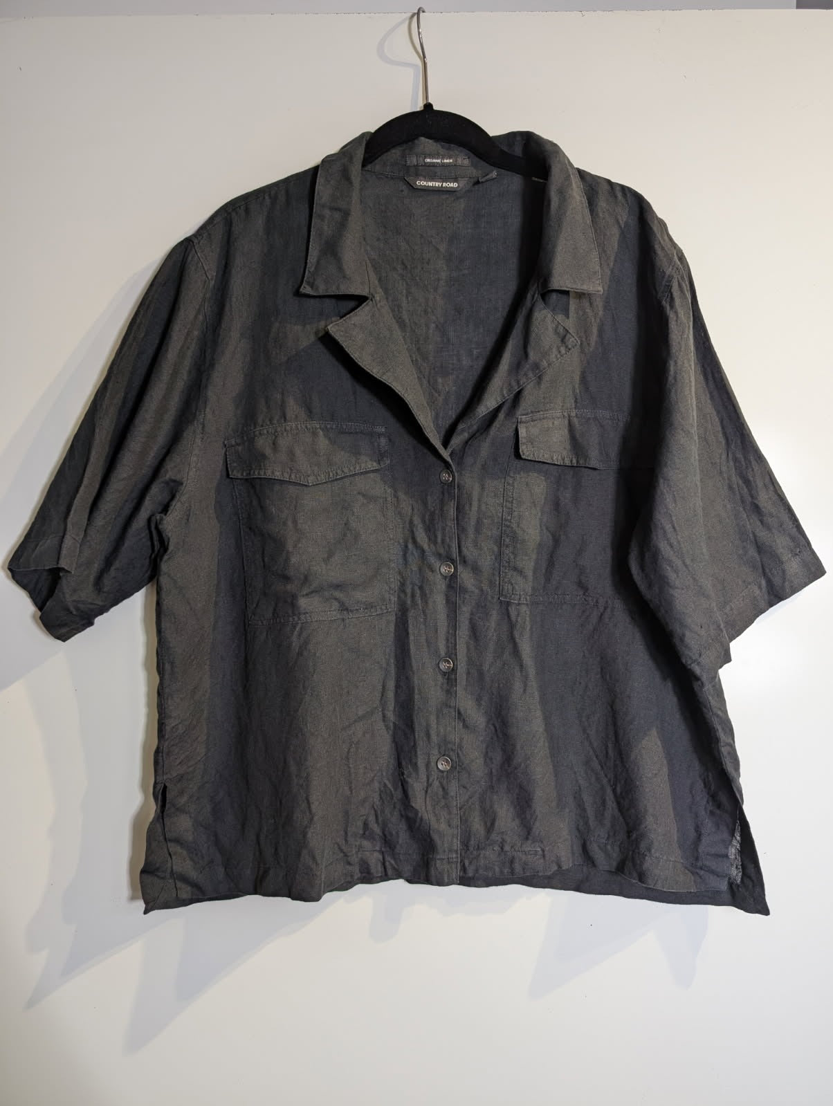 Country Road Organic Linen Short Sleeve Shirt Dark Grey Size 14 - Image 8