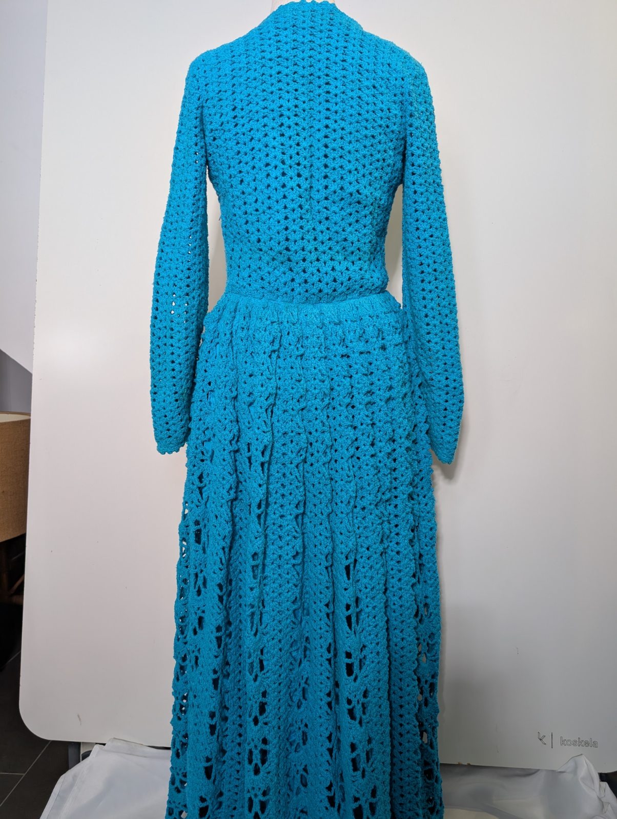 Vintage Handmade Crochet Maxi Dress - Vibrant Blue Long Sleeve - Image 8