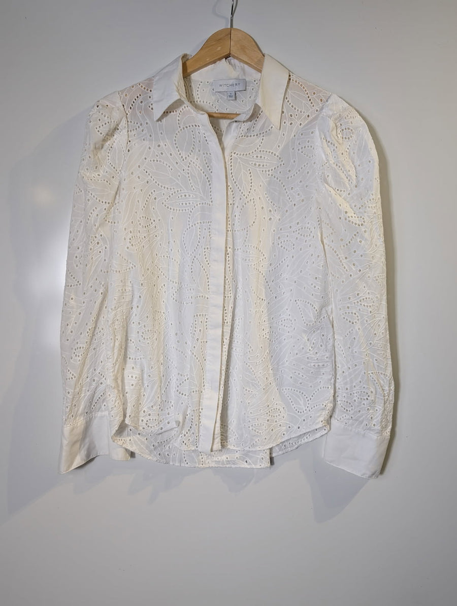Witchery Broderie Anglaise Button-Down Shirt White Women's Size 8 - Image 8