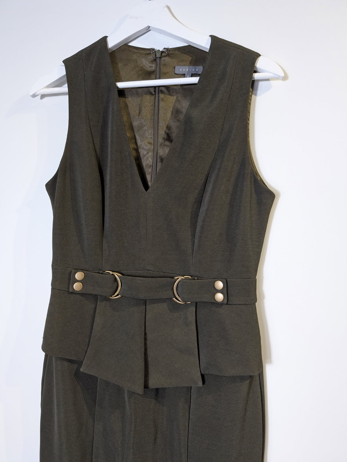 Sheike Sleeveless Peplum Dress Olive Green Size 10 - Image 2