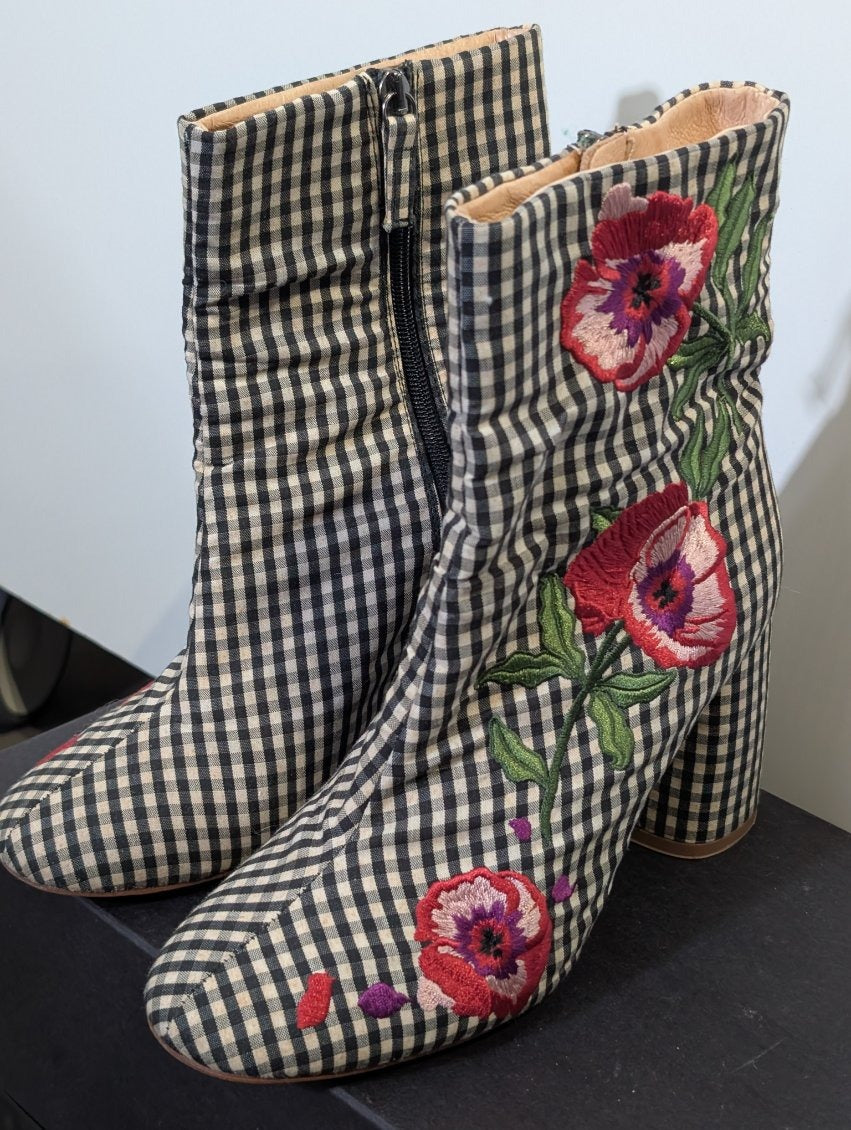 Topshop Gingham Floral Embroidered Ankle Boots - EU 39 - Image 8