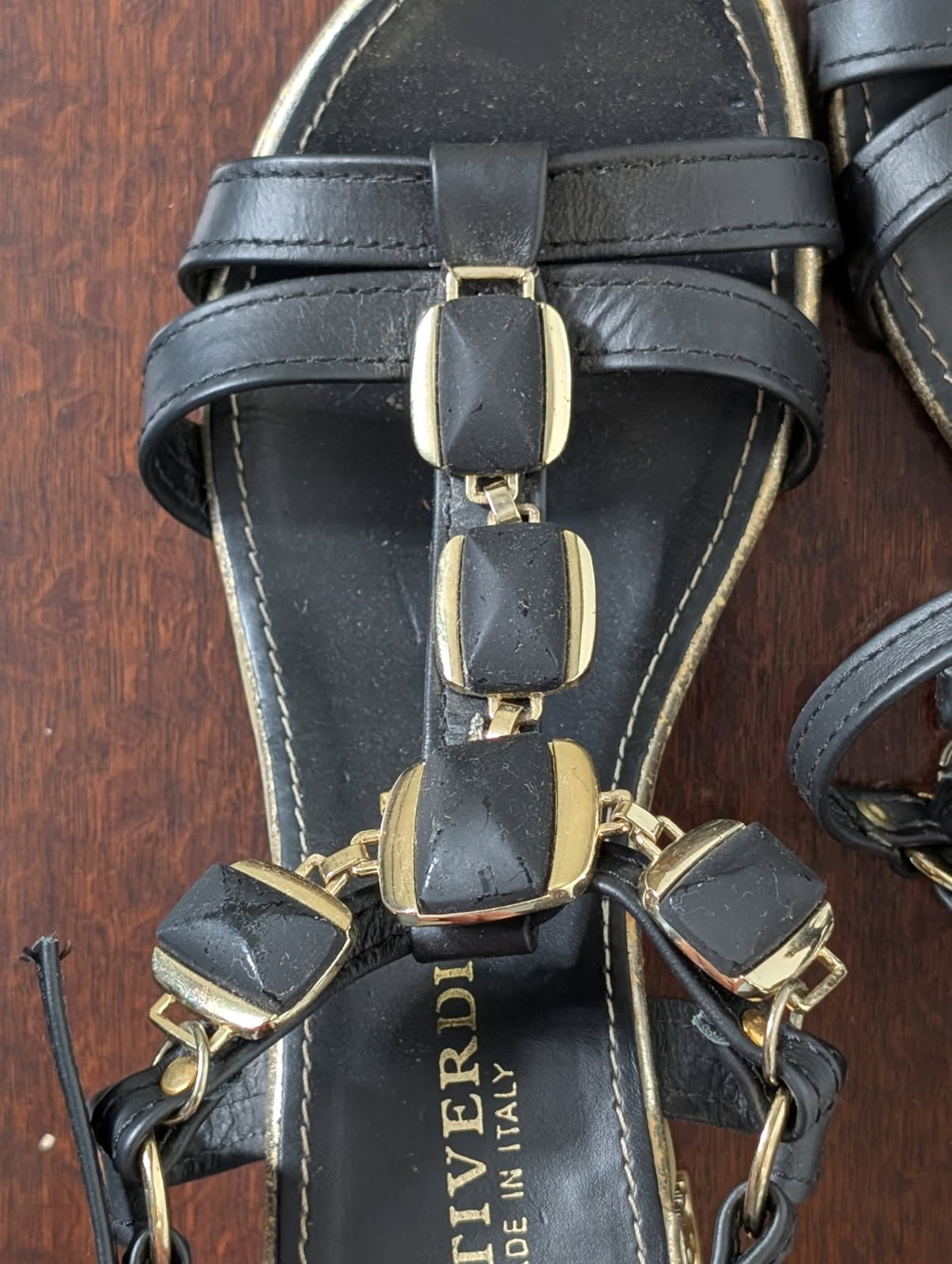 Prativerdi Leather Block Heel Sandals Black Gold EU 38 - Image 5