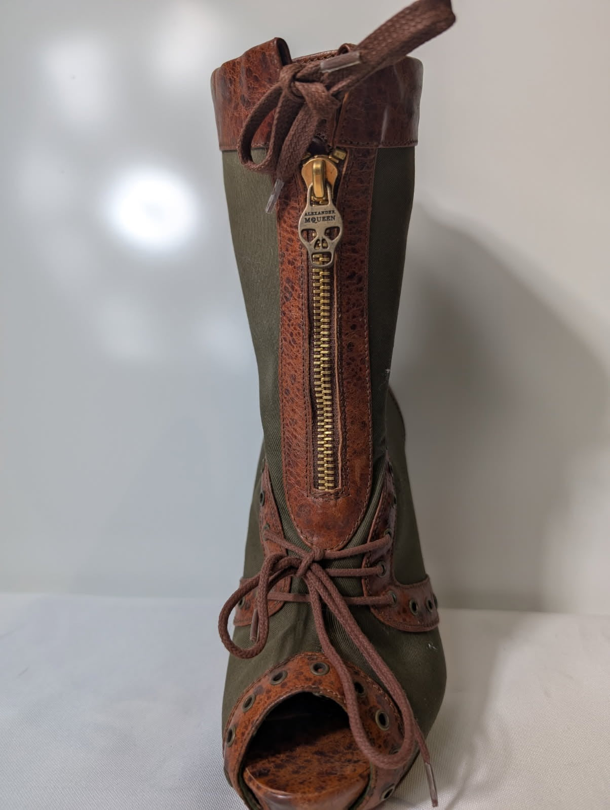 Alexander McQueen Khaki Canvas & Brown Leather Peep Toe Skull Zip Boots - Image 8