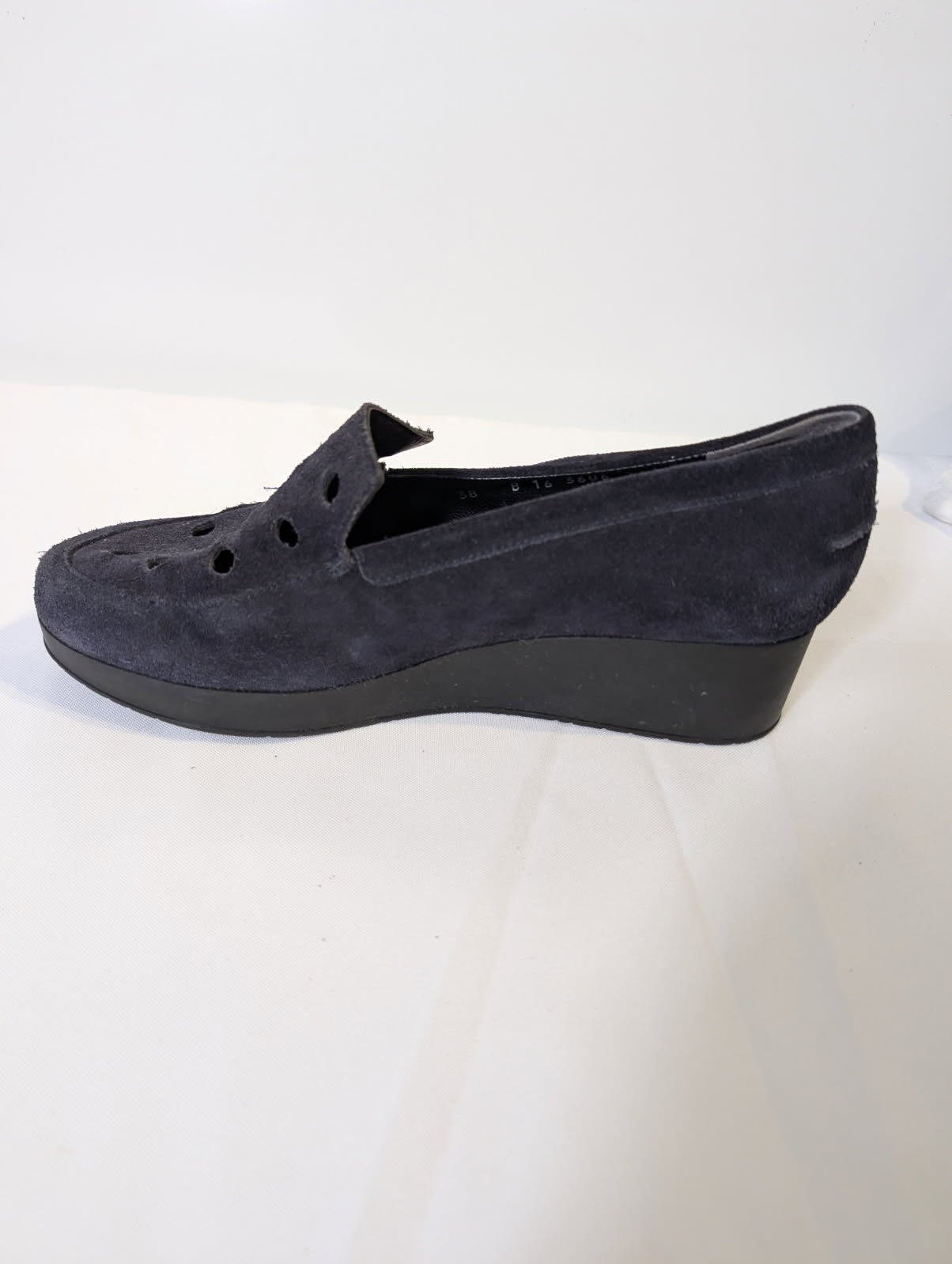 Robert Clergerie Suede Wedge Loafers Navy Perforated EU 38 - Image 8