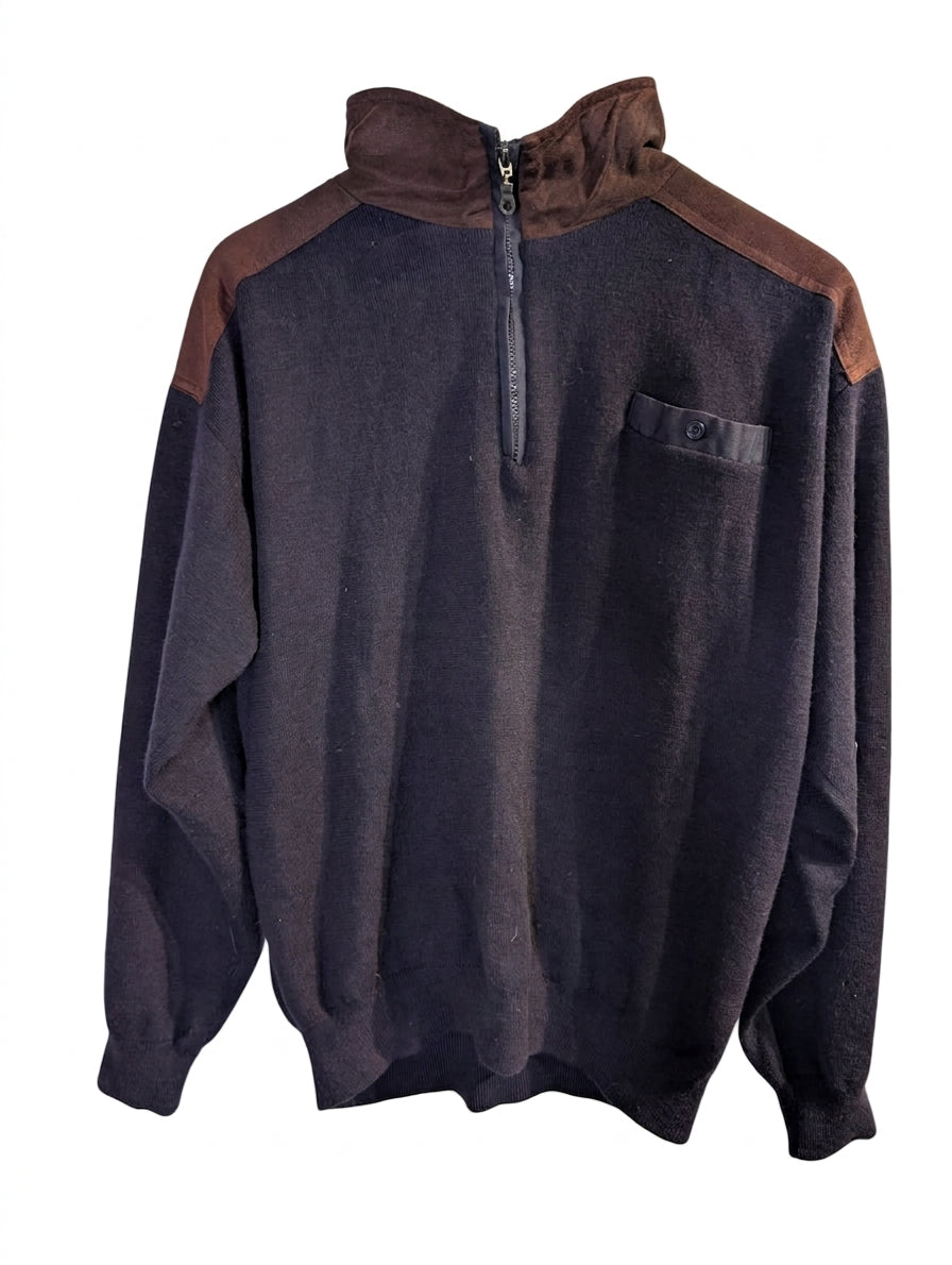 Sovrano Vintage Quarter-Zip Knit Sweater - Pure New Wool with Suede Patches - Image 1