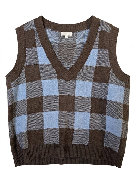 Brown and Blue Checkered V-Neck Sweater Vest - Image 1