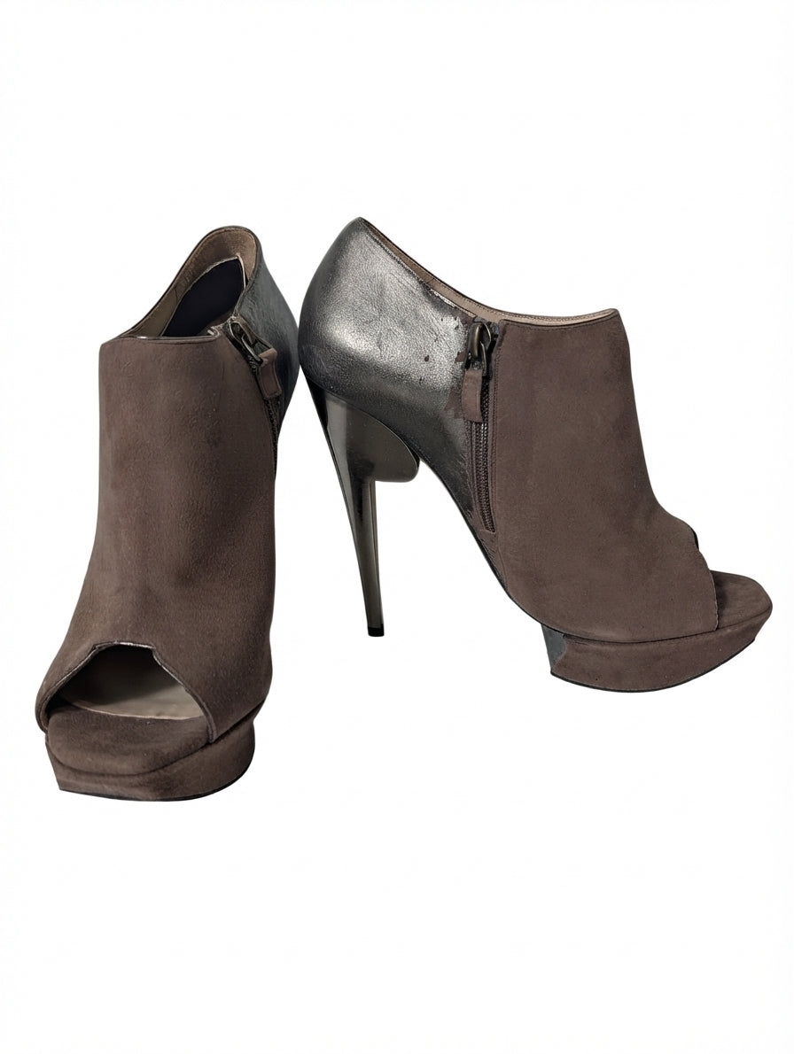Nicholas Kirkwood Suede & Metallic Leather Peep-Toe Platform Booties Size 38.5 - Image 1