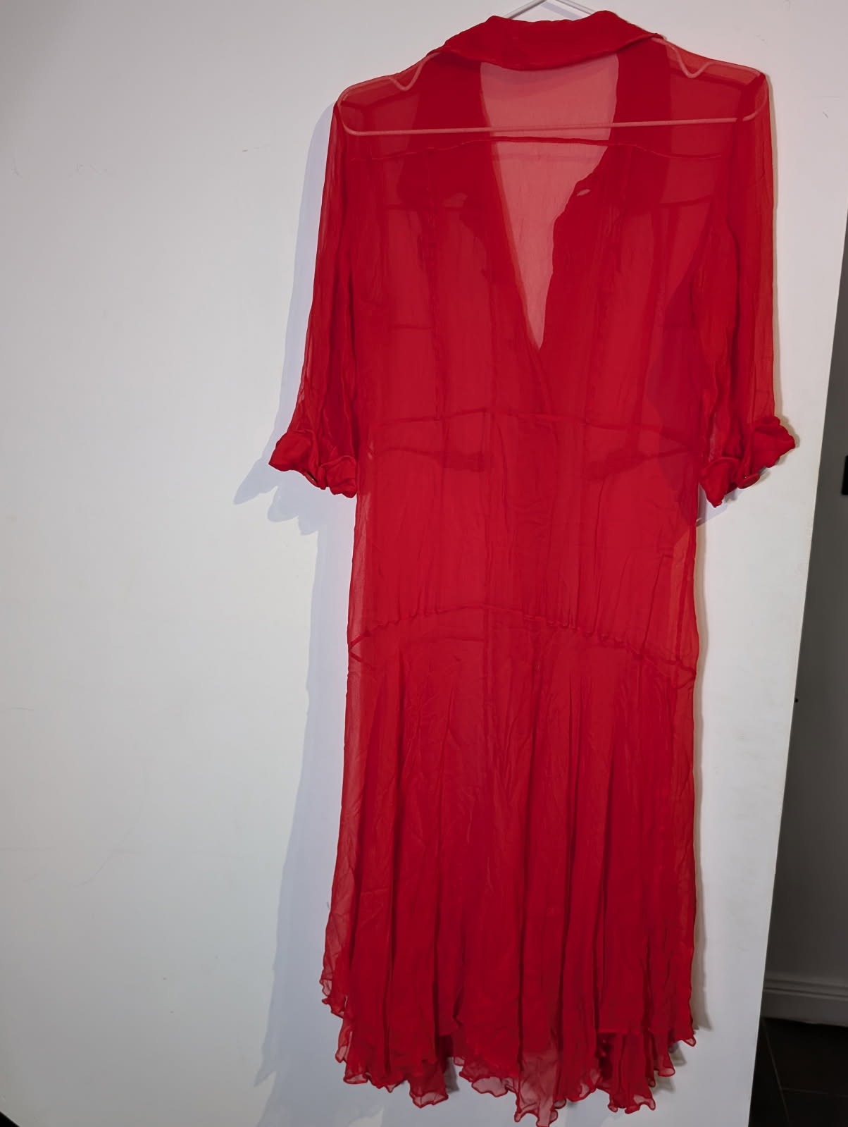 Scanlan & Theodore Red Silk Sheer Button-Down Dress - Image 8