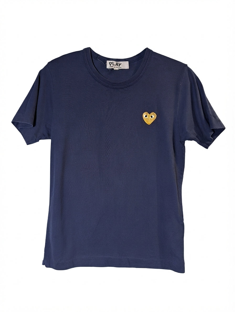 PLAY COMME des GARÇONS T-Shirt Navy Gold Heart Logo Size L - Image 1