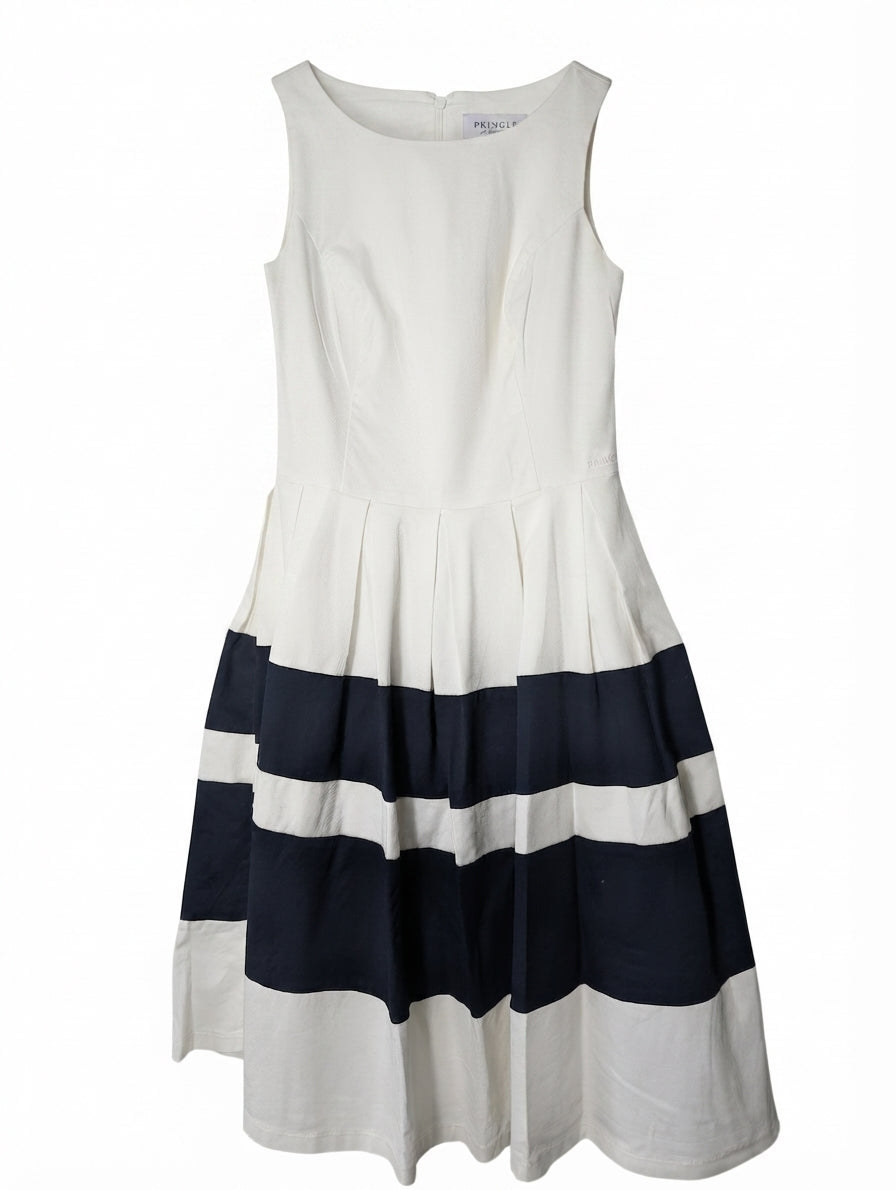 Pringle of Scotland Sleeveless Striped Fit and Flare Dress Navy Blue and White Size 10 - Image 1