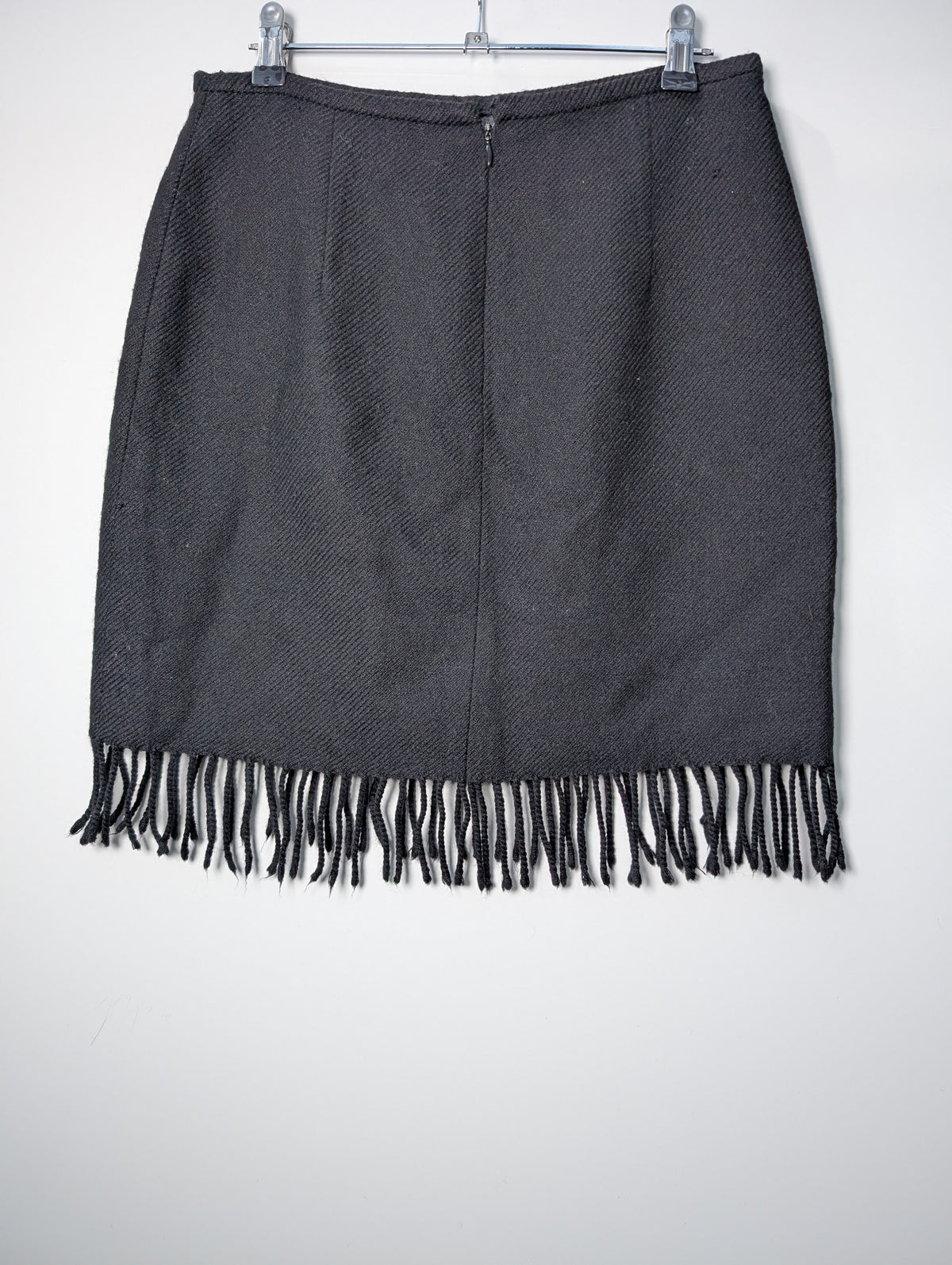 Trent Nathan Wool Blend Mini Skirt Black Fringed Hem Size 12 - Image 4