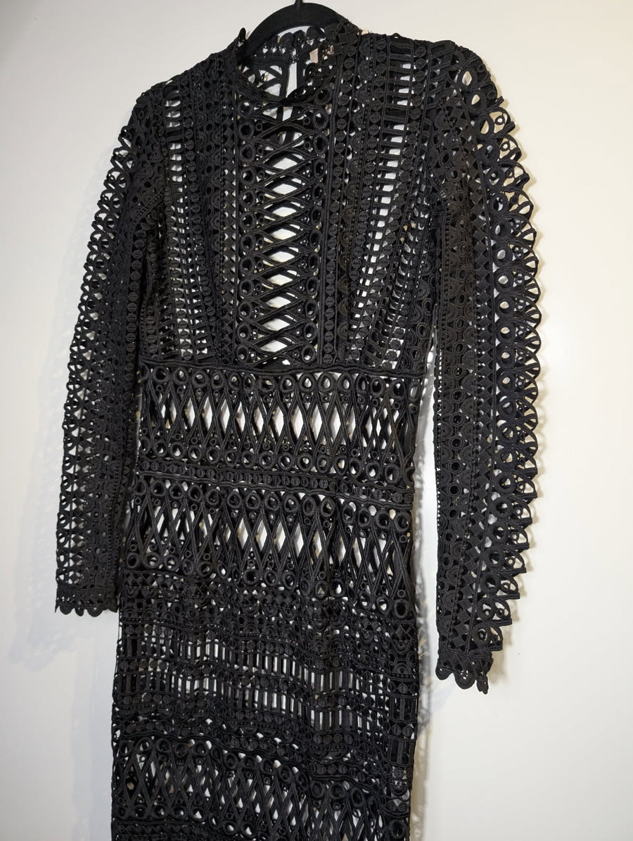 Shakuhachi Guipure Lace Long Sleeve Midi Dress Black US 4 / AU 8 - Image 4