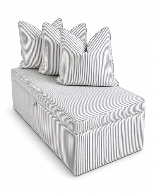 Custom Upholstered Storage Ottoman Bench - Blue & White Stripe - Image 1