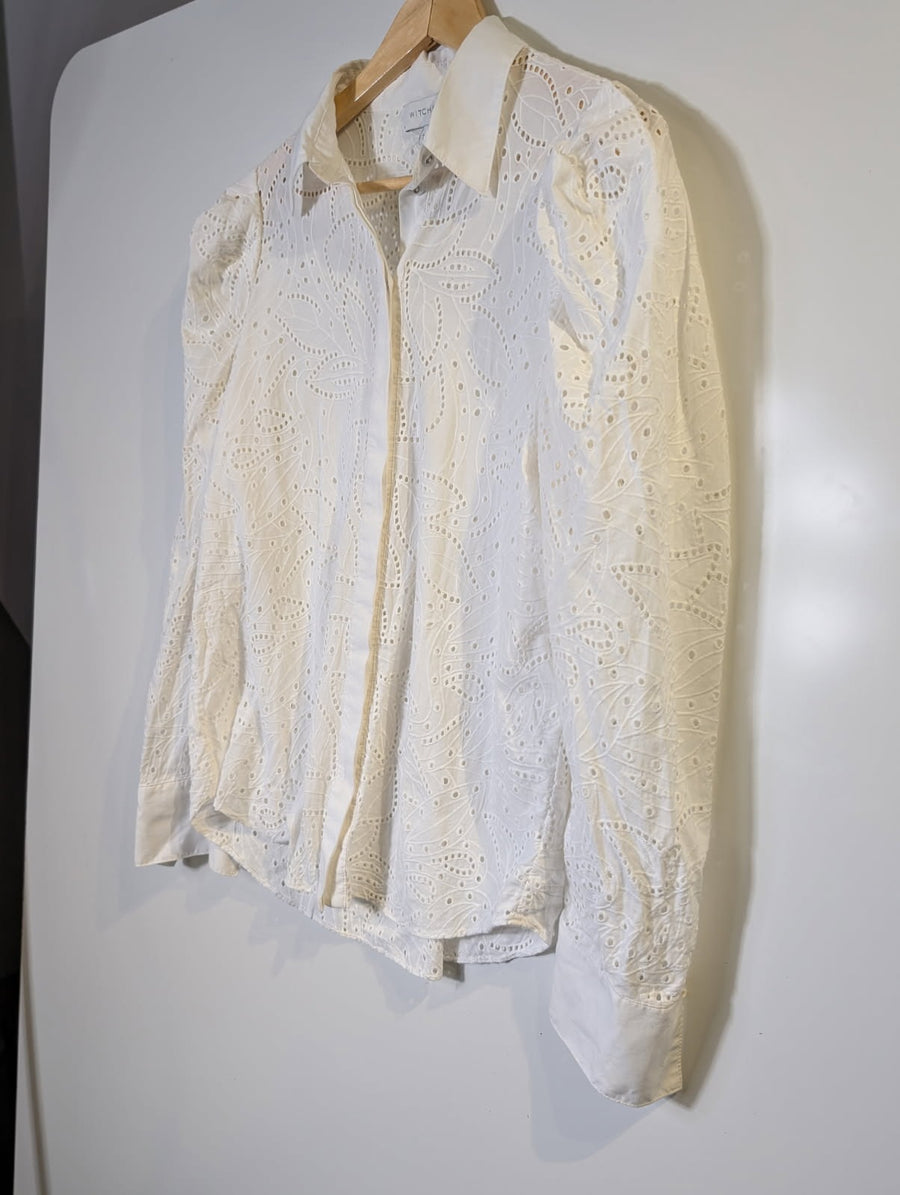 Witchery Broderie Anglaise Button-Down Shirt White Women's Size 8 - Image 9