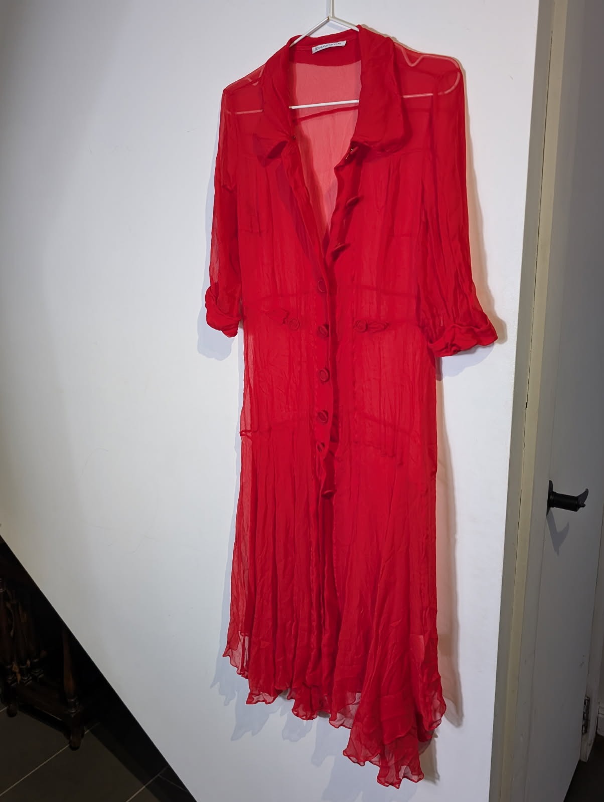 Scanlan & Theodore Red Silk Sheer Button-Down Dress - Image 9