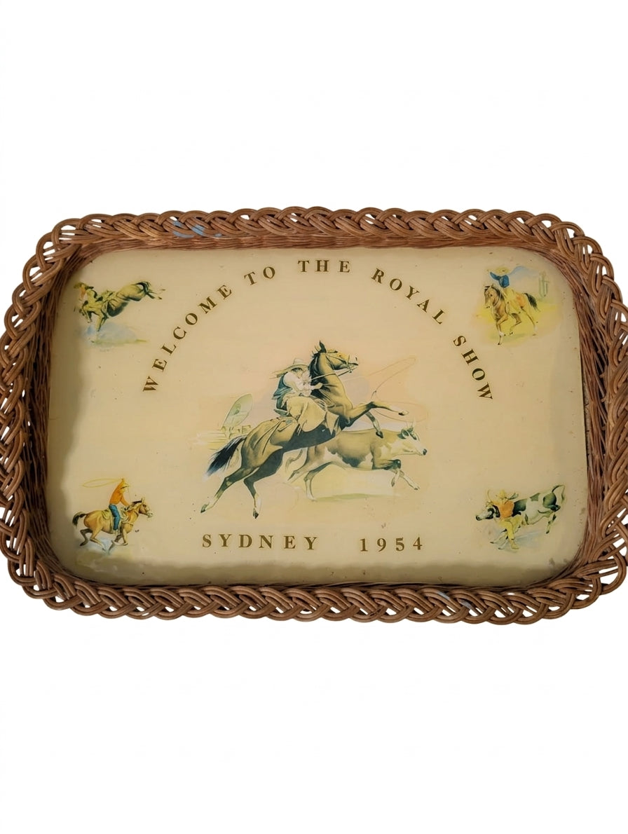 Vintage 1954 Sydney Royal Show Wicker-Rimmed Serving Tray - Image 1