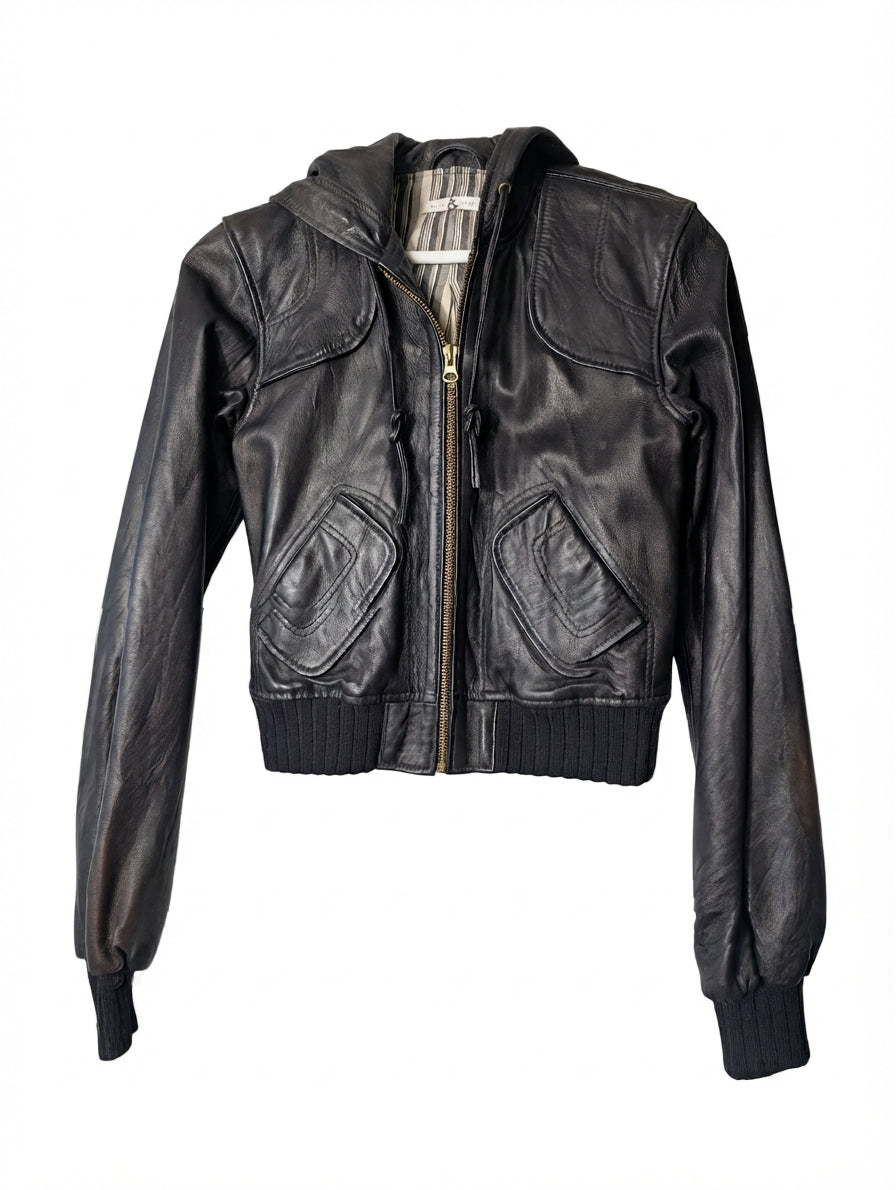 MIKE & CHRIS Leather Hooded Bomber Jacket Black - Image 1