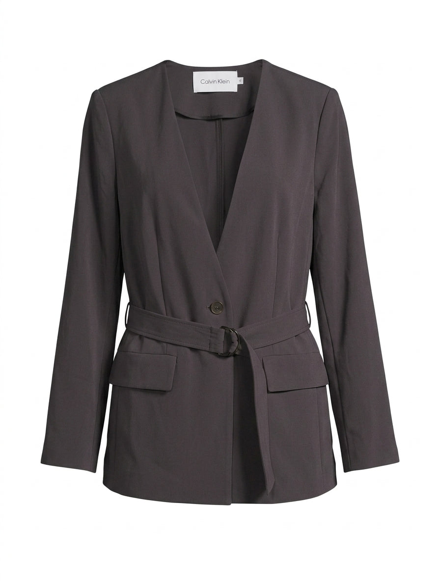 Calvin Klein Women's Open Front Belted Blazer Dark Grey Size 38 - Image 1