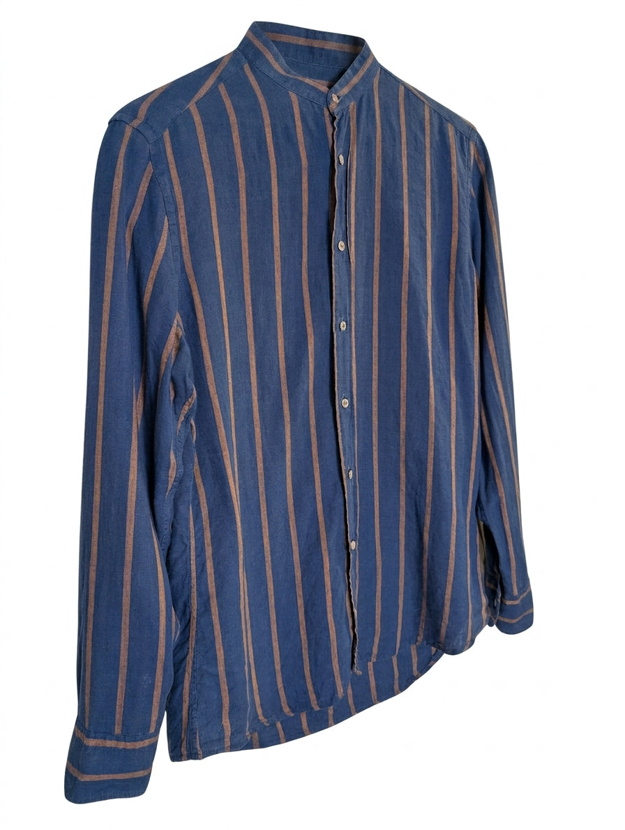 Bastoncino Men's Linen Mandarin Collar Shirt Blue & Tan Striped - Image 1