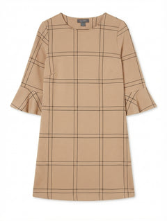 Primark Checkered Bell Sleeve Shift Dress Tan and Black UK 12 - Image 1