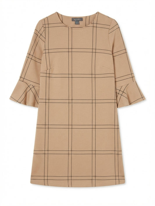 Primark Checkered Bell Sleeve Shift Dress Tan and Black UK 12 - Image 1