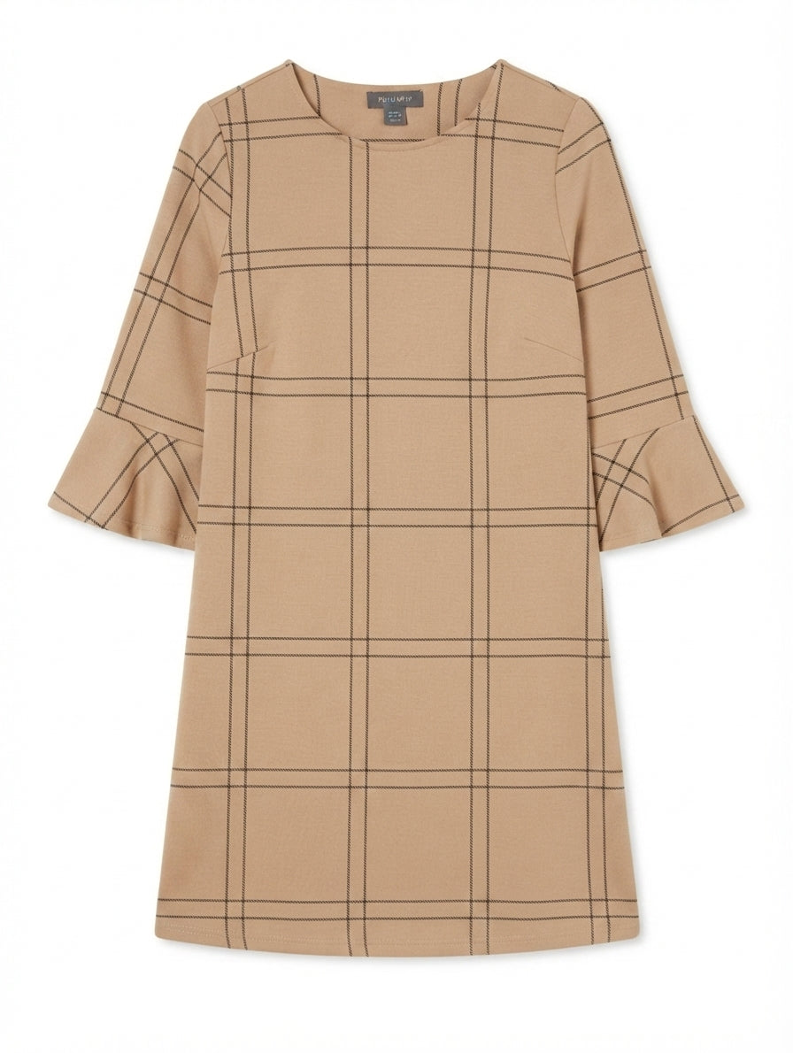 Primark Checkered Bell Sleeve Shift Dress Tan and Black UK 12 - Image 1