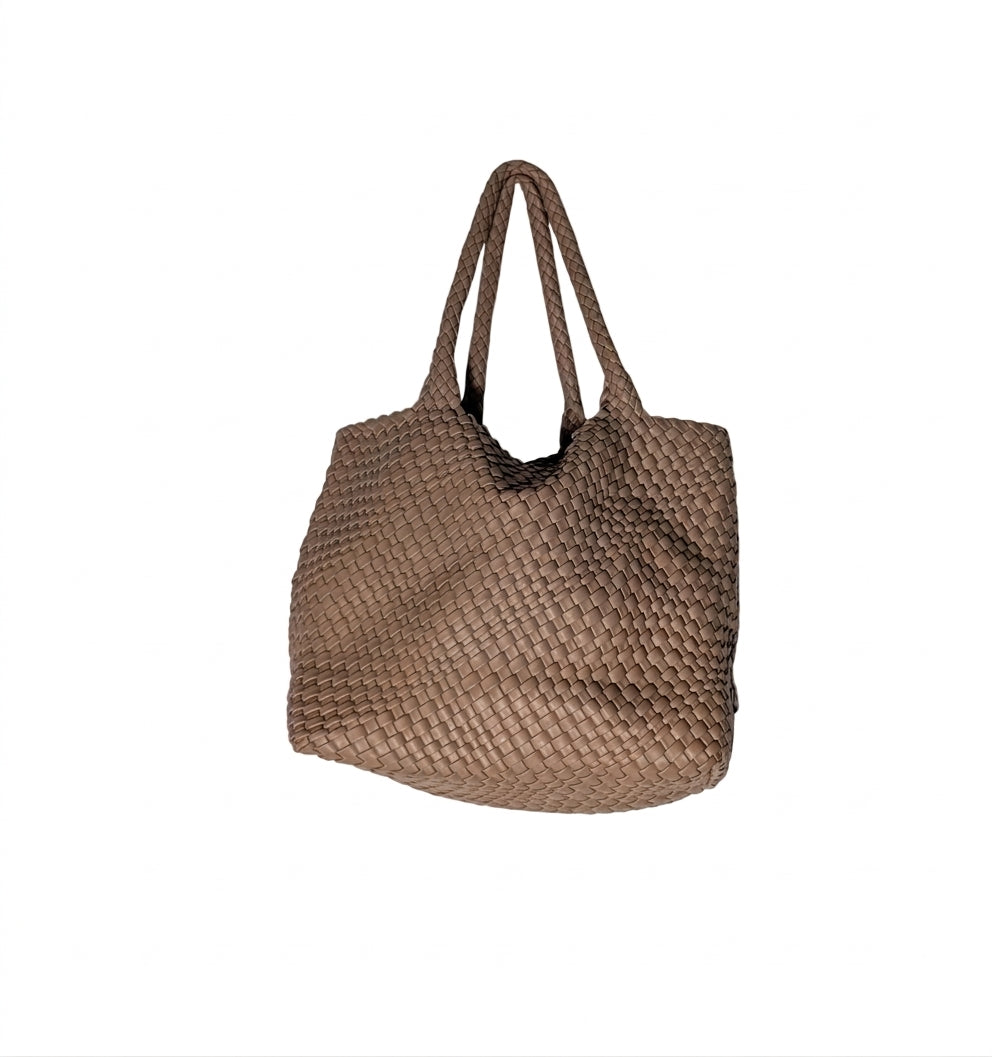 Black Caviar Beige Woven Leather Handbag with Detachable Strap - Image 1