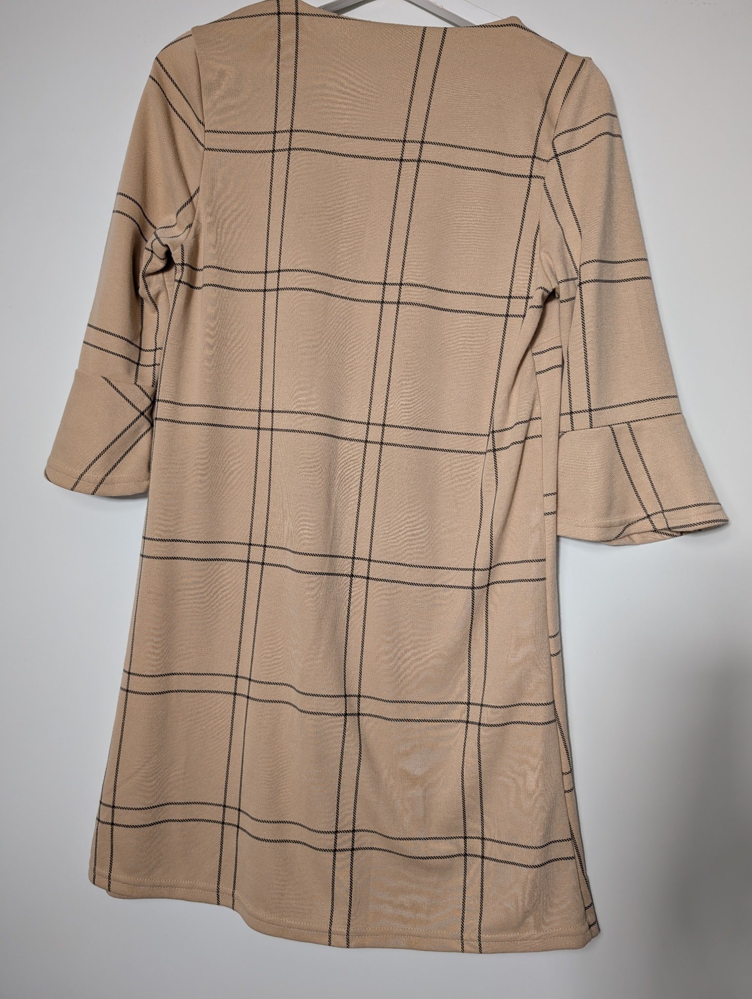 Primark Checkered Bell Sleeve Shift Dress Tan and Black UK 12 - Image 5
