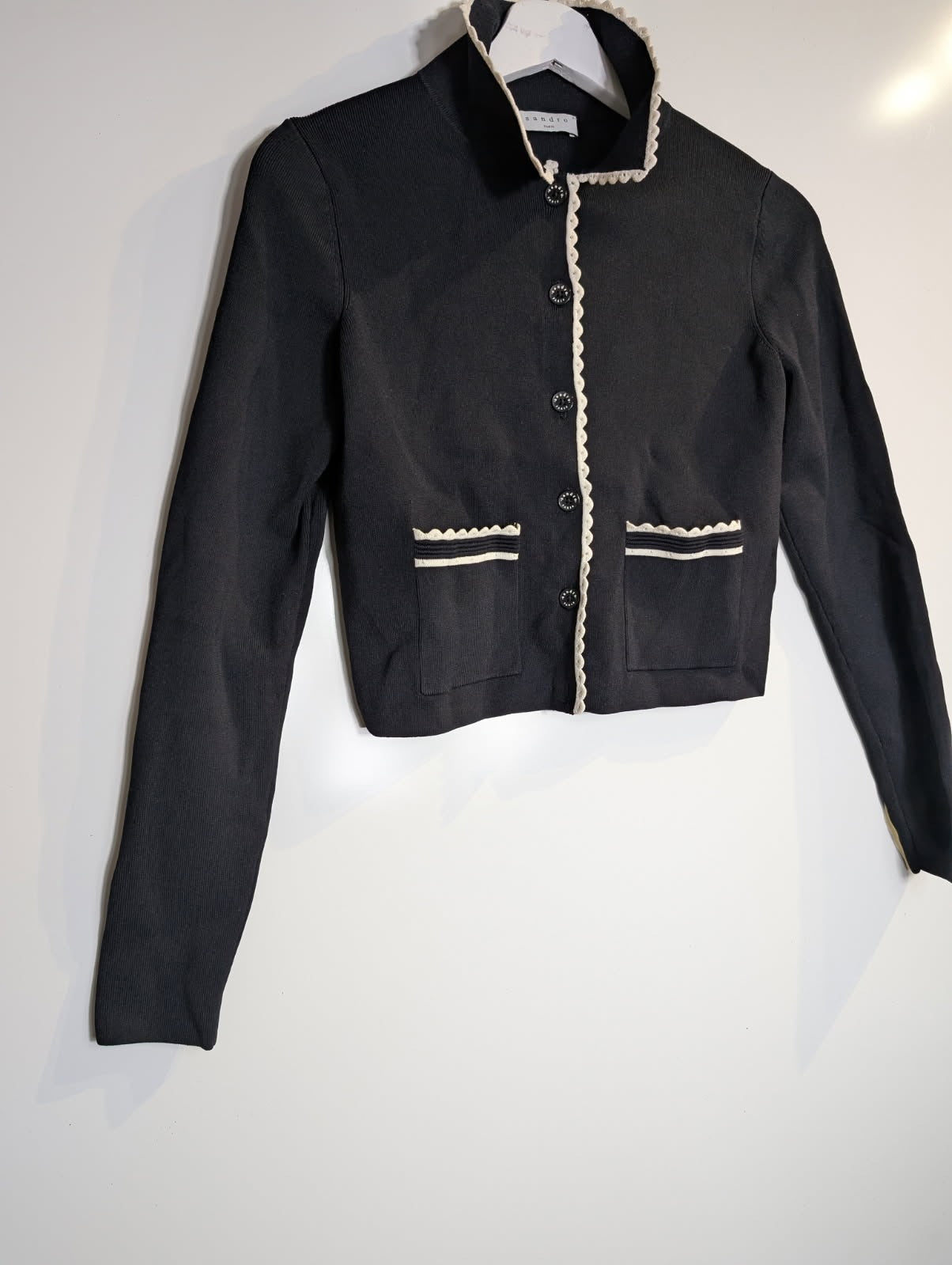 Sandro Paris Cardigan Black Scalloped Trim Button-Up - Image 10